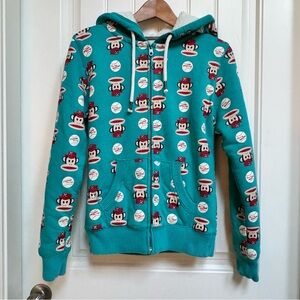 Paul Frank 2011 Teal Julius the Monkey Baseball Print Sherpa Lined Hoodie. XL
